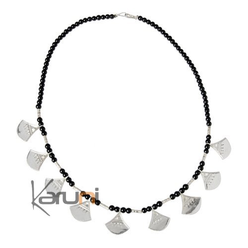 Bijoux Ethniques Touareg Collier en argent shat-shat lotus perles noires 2 b