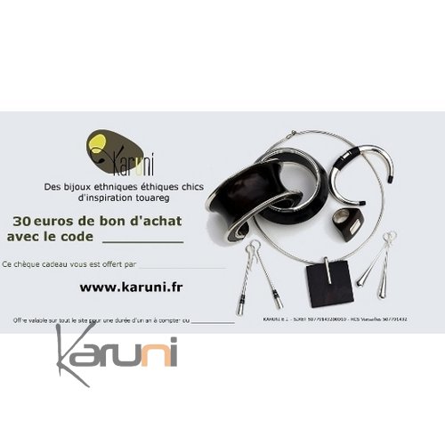 Chèque Cadeau en ligne bijoux décoration boutique Karuni - 30 euros