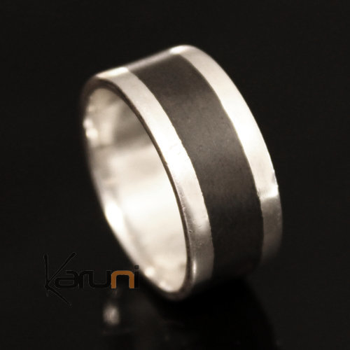 Bague Anneau Alliance homme/femme argent bande ébène semi-large design KARUNI 01