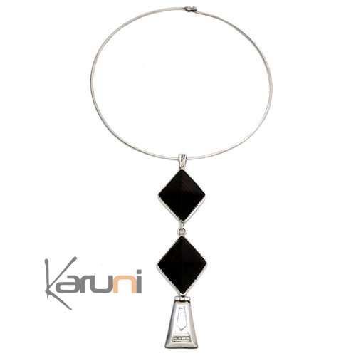 Bijoux Touareg Ethniques Africains Collier Pendentif en Argent et Ebne 31 Long Losanges c