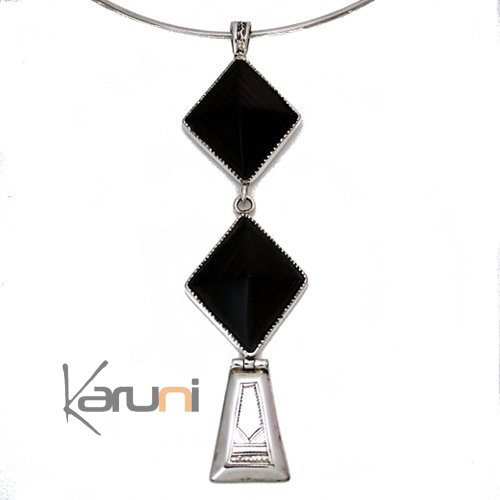 Bijoux Touareg Ethniques Africains Collier Pendentif en Argent et Ebne 31 Long Losanges