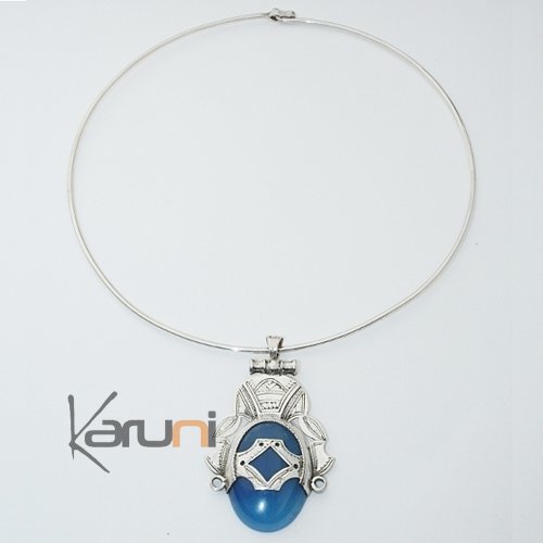 Collier Pendentif en Argent et Pierre Agate Bleue 01 Ovale Tête de Déesse