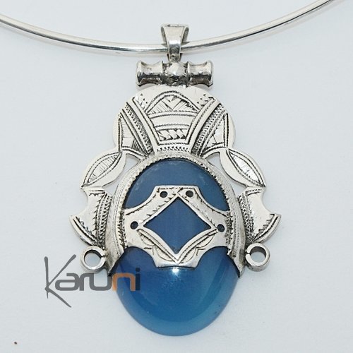 Collier Pendentif en Argent et Pierre Agate Bleue 01 Ovale Tête de Déesse