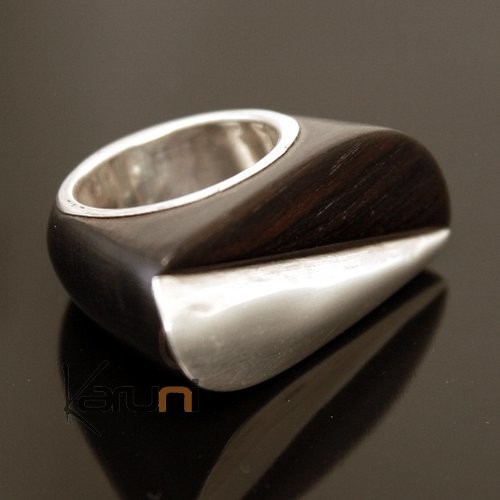 Bijoux Touareg Ethniques Bague Argent en Bois Ebène Feuille 01 - KARUNI