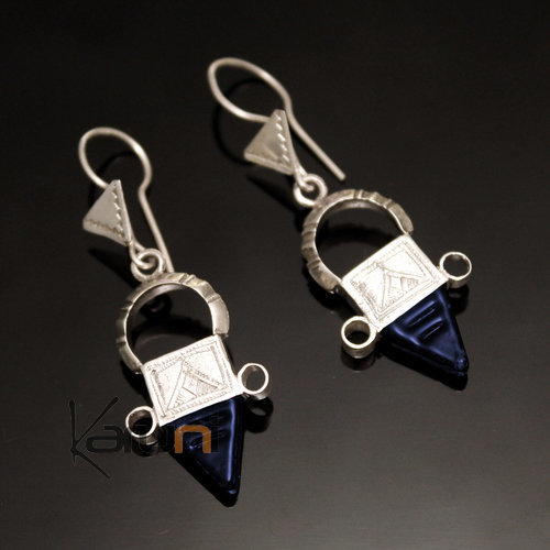 Boucles d'Oreilles en Argent et Pierre 11 Croix du Sud d'Ingall Niger Fines Bleu Foncé