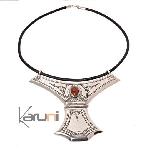 Collier touareg en argent et agate Grand Houmeini design brun orang b