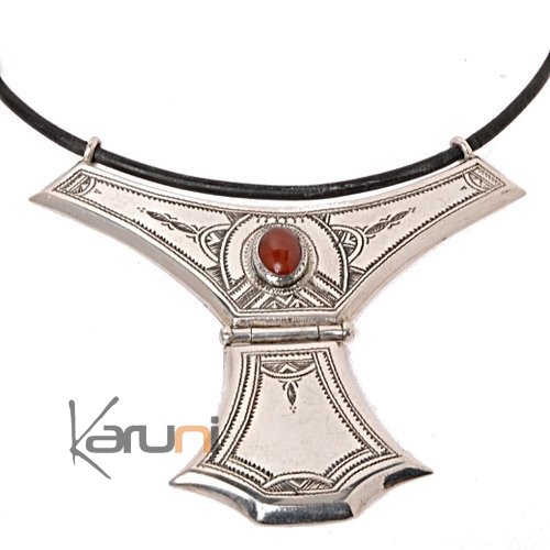 Collier touareg en argent et agate Grand Houmeini design brun orang a