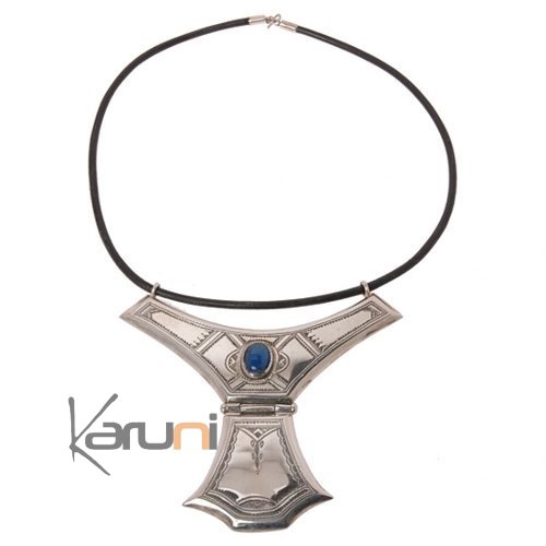 Collier touareg en argent et agate Grand Houmeini design bleu