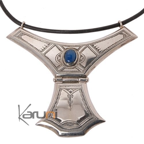 Collier touareg en argent et agate Grand Houmeini design bleu