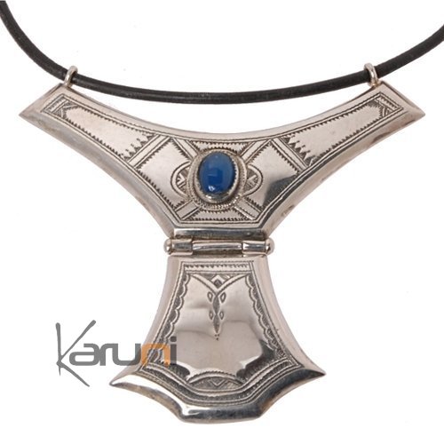 Collier touareg en argent et agate Grand Houmeini design bleu