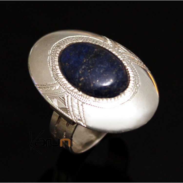 Bague Cocktail Vintage En Argent Et Lapis-lazuli - Style Berbère, Signée Delon, T48