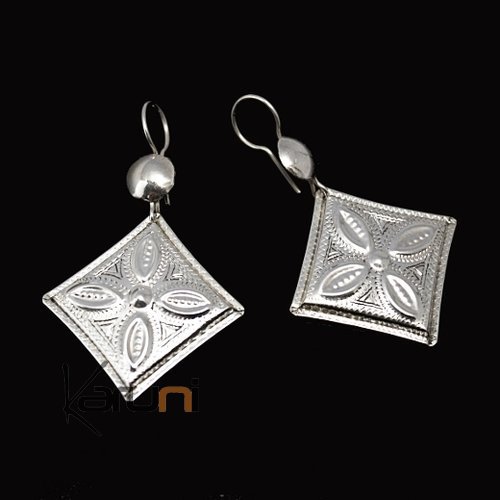 Boucles d'oreilles en Argent 32 Losange Gravé Feuilles