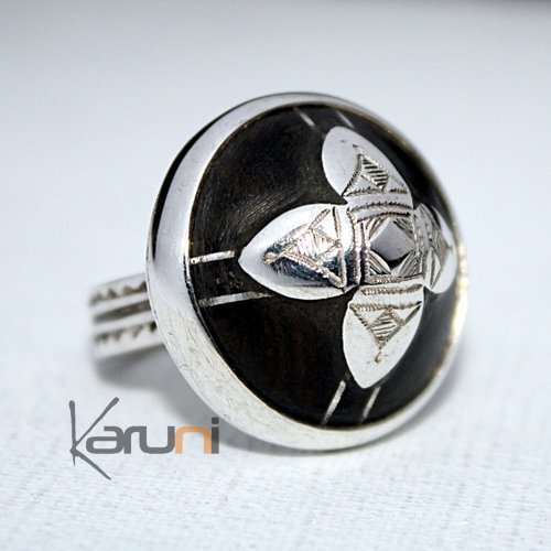 Bague en Argent 925 et ébène 015 Dôme Ebène Fleur Gravée