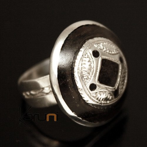 Bague en Argent 925 et ébène 039 Homme/Femme Ronde Gravée Petits Losanges