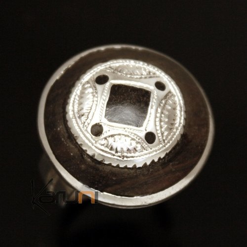 Bague en Argent 925 et ébène 039 Homme/Femme Ronde Gravée Petits Losanges