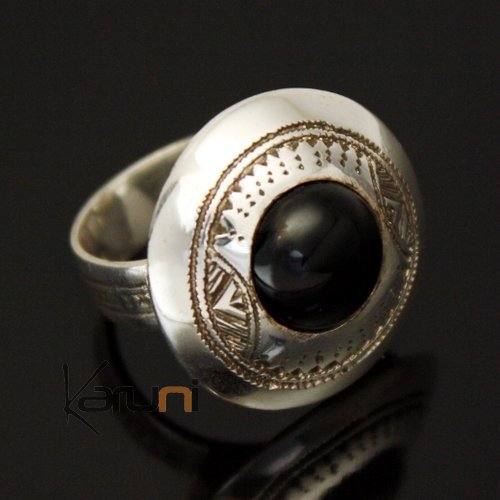 Bijoux Touareg Ethniques Bague Argent et onyx ovale 03 - KARUNI