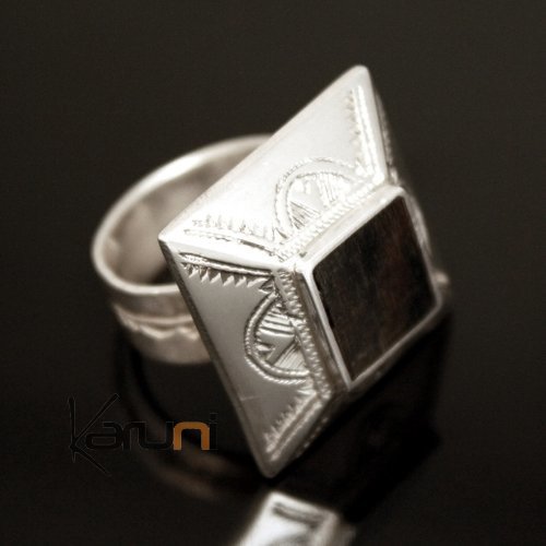 Bague en Argent 925 et ébène 023 Homme/Femme Pyramide Carré Lunes Gravées