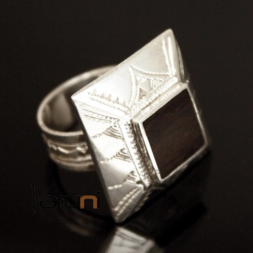 Bague en Argent 925 et ébène 024 Homme/Femme Pyramide Carré Triangles Gravés