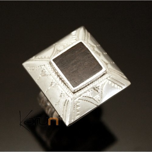 Bague en Argent 925 et ébène 024 Homme/Femme Pyramide Carré Triangles Gravés