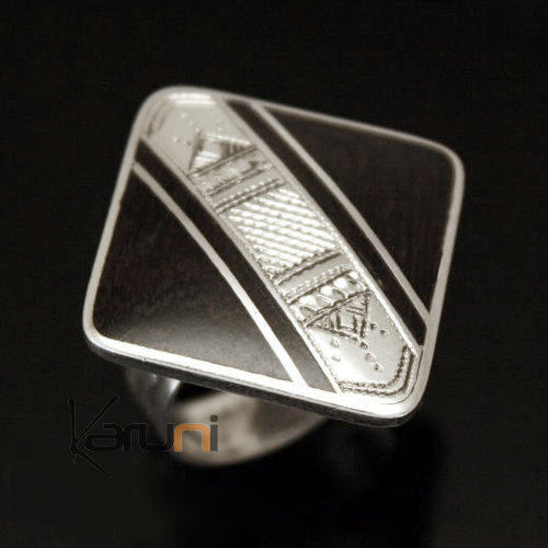 Bague en Argent 925 et ébène 027 Homme/Femme losange Bande Gravée