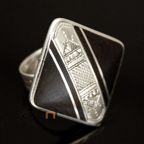 Bague en Argent 925 et ébène 027 Homme/Femme losange Bande Gravée