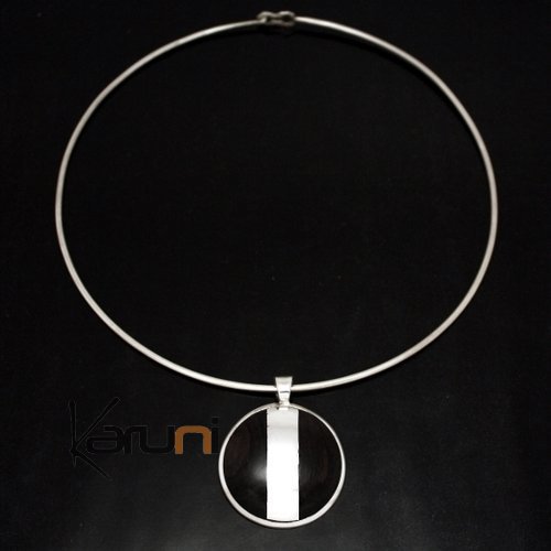 Bijoux Touareg Ethniques Africains Collier Pendentif en Argent et Ebne 30 Rond Bande Design Karuni