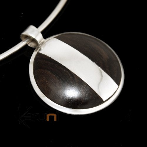 Bijoux Touareg Ethniques Africains Collier Pendentif en Argent et Ebne 30 Rond Bande Design Karuni