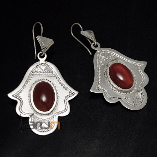 Bijoux Touareg Ethniques Boucles d'Oreilles en Argent et Pierre 13 Main de Fatma Khamsa Agate Rouge