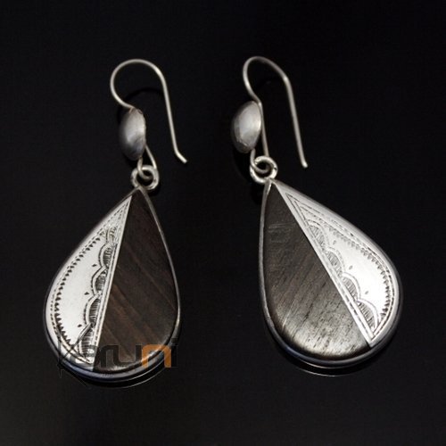 Boucles d'oreilles touareg en argent et ébène goutte plate
