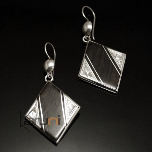 Boucles d'Oreilles en Argent et Ebène 44 Losange Triangles Gravés