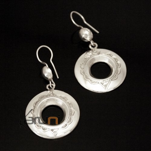 Bijoux Ethniques Touareg Boucles d'Oreilles en Argent Rondes Gravées Creuses 04