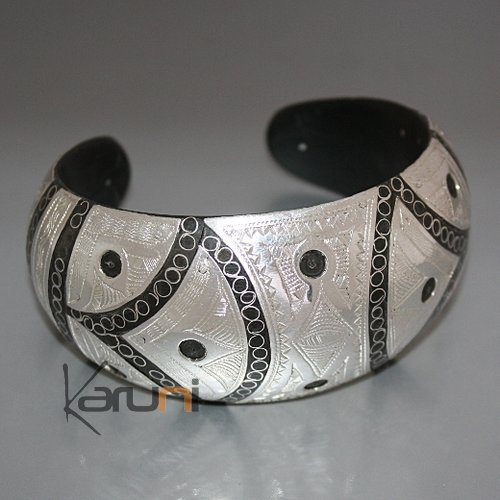 Bracelet Manchette en Corne et Argent Mix Gravé Filigranes Art Déco 07