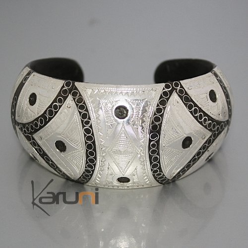Bijoux Ethniques Africains Bracelet Manchette en Corne et Argent Mix Grav Filigranes Art Dco 07
