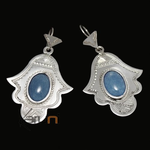 Bijoux Touareg Ethniques Boucles d'Oreilles en Argent et Pierre 13 Main de Fatma Khamsa Agate Bleu