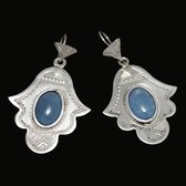 Bijoux Touareg Ethniques Boucles d'Oreilles en Argent et Pierre 13 Main de Fatma Khamsa Agate Bleu