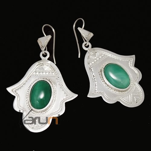 Boucles d'Oreilles en Argent et Pierre 13 Main de Fatma Khamsa Agate Verte