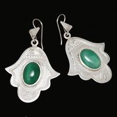 Bijoux Touareg Ethniques Boucles d'Oreilles en Argent et Pierre 13 Main de Fatma Khamsa Agate Verte