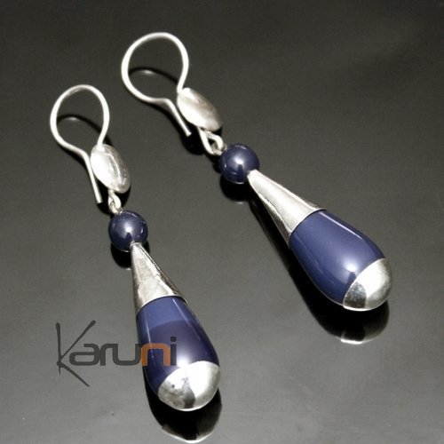 Bijoux Touareg Ethniques Boucles d'Oreilles en Argent et Pierre 01 Gouttes Longues Fines Perles Verre Bleu Fonc