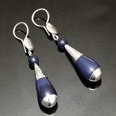 Bijoux Touareg Ethniques Boucles d'Oreilles en Argent et Pierre 01 Gouttes Longues Fines Perles Verre Bleu Fonc