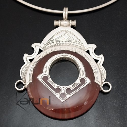 Bijoux Touareg Ethniques Africains Collier Pendentif en Argent et Pierre Agate Rouge 30 Grand Rond Tte de Desse