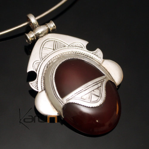 Bijoux Touareg Ethniques Africains Collier Pendentif en Argent et Pierre Agate Rouge 15 Ovale Tte de Desse