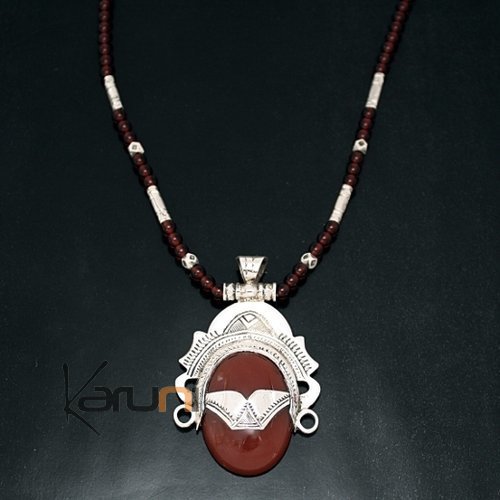 Collier touareg en argent et agate Déesse ovale brun orangé 2