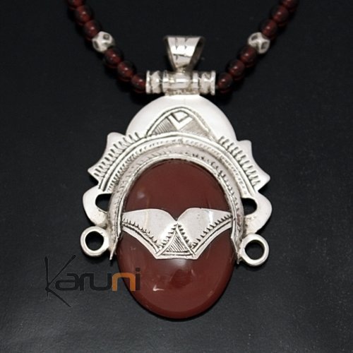 Collier touareg en argent et agate Déesse ovale brun orangé 2