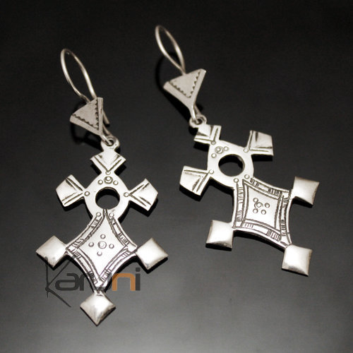 Bijoux Touareg Ethniques Boucles d'oreilles en Argent 49 Croix du Sud d'Inabagret Niger 5 cm