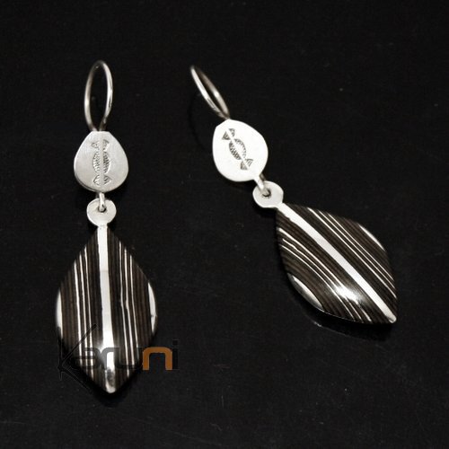 Boucles d'Oreilles en Argent et Ebène 54 Feuille Rayée