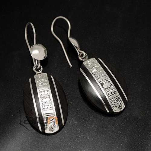 Bijoux Ethniques Touareg Boucles d'Oreilles en Argent et Ebne 38 Ovales Bande Grave Verticale