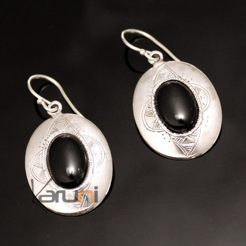 Boucles d'Oreilles en Argent et Pierre 14 grandes ovales Onyx Noir