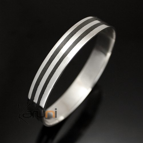 Bracelet en argent Jonc Plat Large homme/femme design 3 lignes Ebène