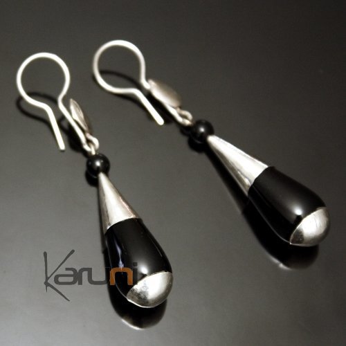 Boucles d'Oreilles en Argent et Pierre 01 Gouttes Longues Fines Perles Verre Noires