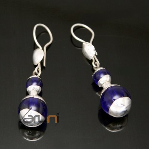 Bijoux Touareg Ethniques Boucles d'Oreilles en Argent Perles Rondes Bleu Foncé